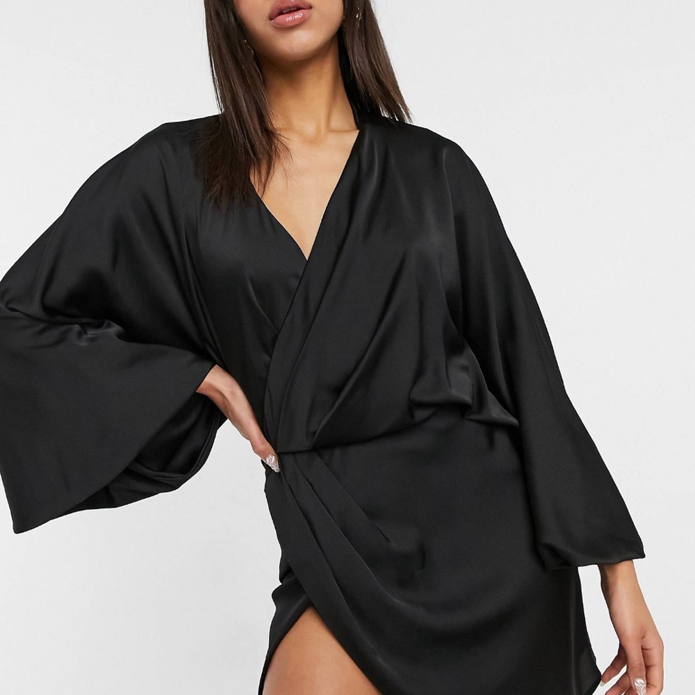 Blouson Sleeve Satin Shirt Dress with Batwing Sleeve and Open Back